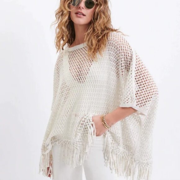 Dreamers by Debut Open Knit Fringe V Neck Poncho White Women Size S/M - Picture 1 of 9